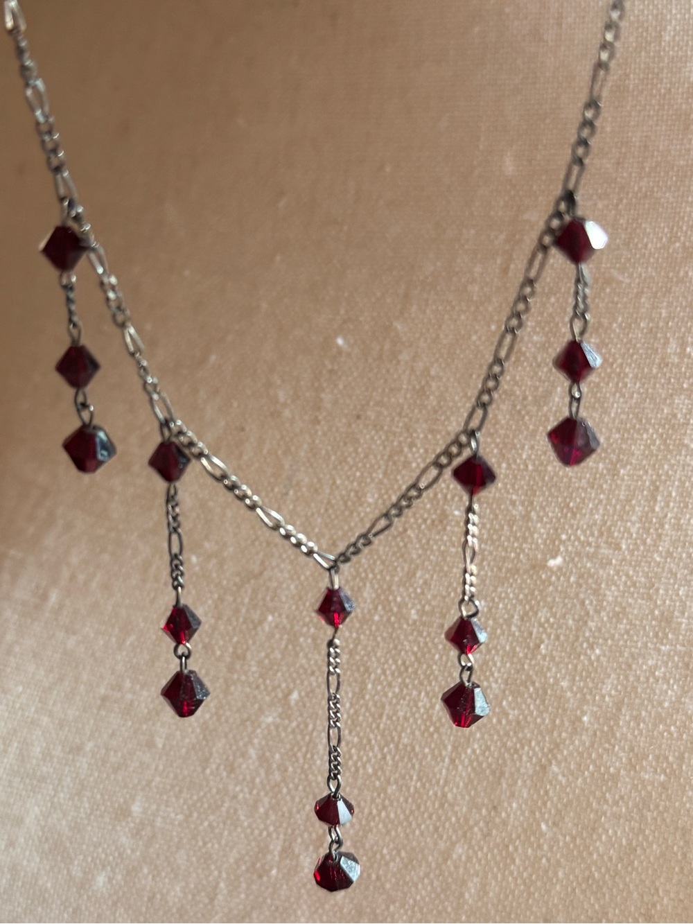 Vintage Sterling Silver Necklace Garnet Swarovski Crystal Bicone Faceted 18 inch